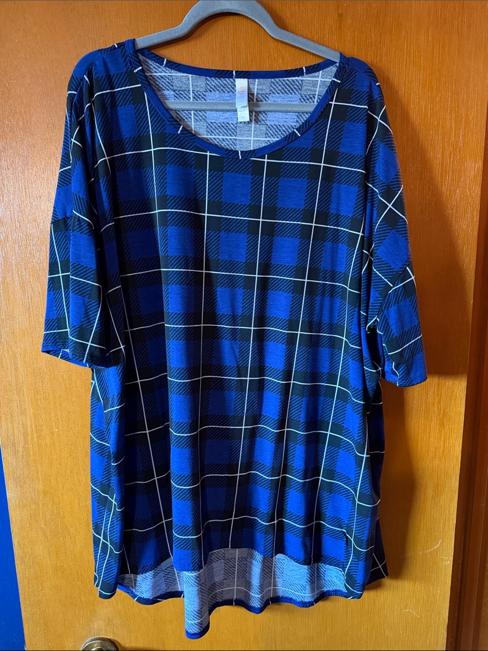 LuLaRoe Irma Blue and Black Plaid Tunic